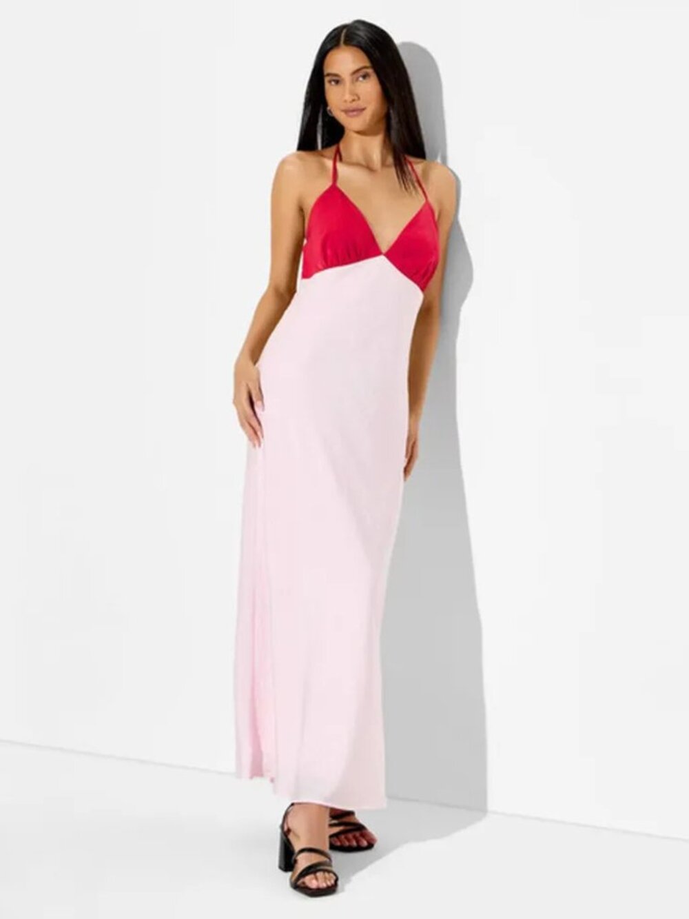 NWT Wild Fable Colorblock Maxi Dress Medium Pink Red Tie Strap Halter Slip